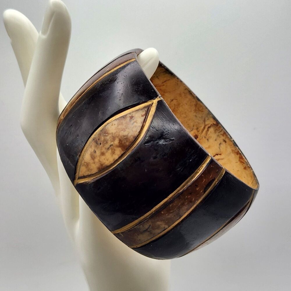 Artisan Boho Coconut Shell Geometric Carved Wide Bangle Bracelet Black Tan Gold